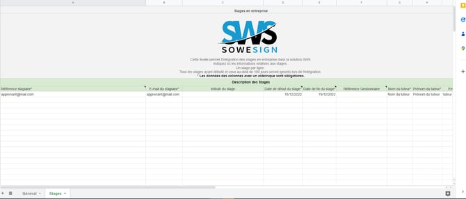 Fichier Google Sheets stage, onglet Stages : tableau de description des périodes de stage, une ligne par période