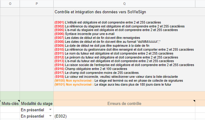 Fichier Google Sheets stage : liste des codes d'erreur du contrôle de saisie et colonne Erreurs de contrôle