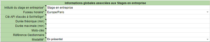 Fichier Google Sheets stage, onglet Général : intitulé du stage, fuseau horaire, clé API, durées, mots-clés, référence gestionnaire et modalité